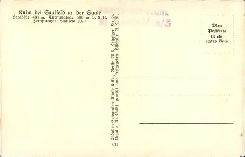 Ak Saalfeld an der Saale Thüringen, Kulm, Kulmhaus, Panorama, Fliegeraufnahme