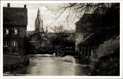 Ak Paderborn in Westfalen, Paderausfluss, Kirchturm