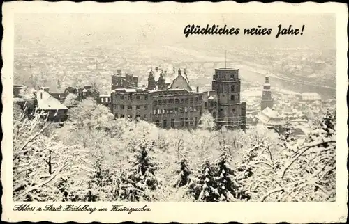 Ak Heidelberg am Neckar, Schloss und Stadt Heidelberg im Winterzauber, Schnee, Neujahr