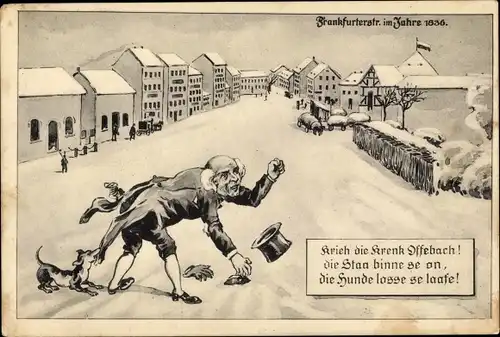 Künstler Ak Offenbach am Main, Frankfurter Straße im Jahre 1836, Handelsmann, Krieh die Kränk