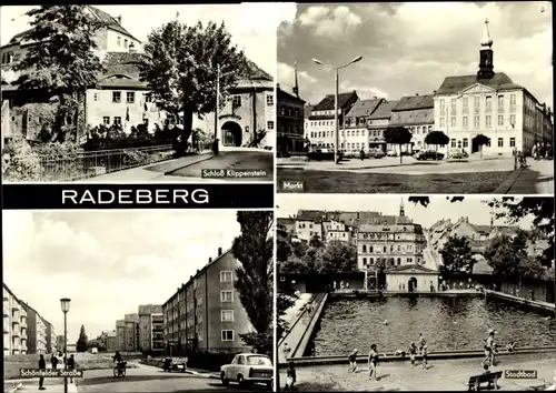 Ak Radeberg in Sachsen, Schloss Klippenstein, Markt, Schönfelder Straße, Stadtbad