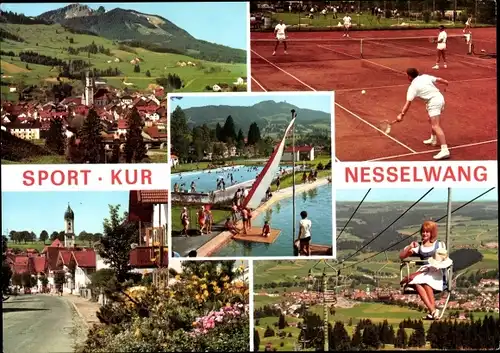 Ak Nesselwang im Allgäu, Freibad, Berg, Kirche, Panorama, Seilbahn, Tennisplatz