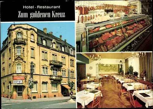 Ak Landau in der Pfalz, Hotel-Restaurant Zum goldenen Kreuz, Metzgerei, Karl Sauer Str. 11