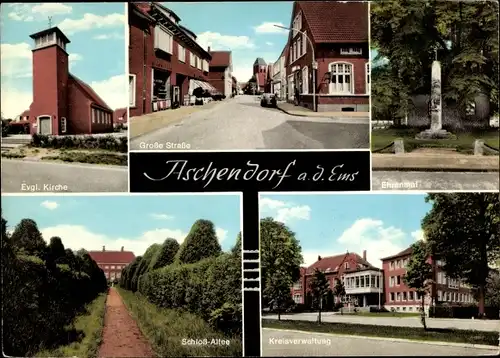 Ak Aschendorf Papenburg im Emsland, Schloss-Allee, Ev. Kirche, Große Straße, Ehrenmal