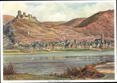 Künstler Ak Alken an der Mosel, Burg Thurand, Panorama