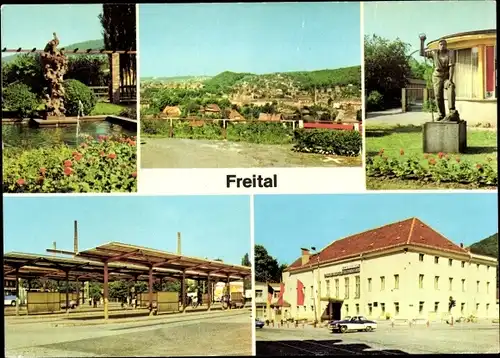 Ak Freital in Sachsen, Totalansicht, Stahlwerkerdenkmal, Busbahnhof, Klubhaus der Edelstahlwerker