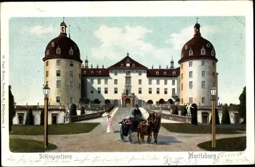 Ak Moritzburg in Sachsen, Jagdschloss, Schlossaufgang, Kutsche