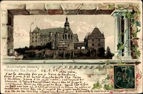 Präge Wappen Litho Marburg, Blick auf das Schloss, Efeu