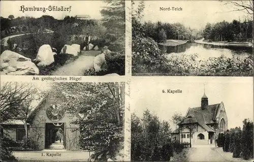Ak Hamburg Nord Ohlsdorf, Ansichten, geologischer Hügel, Nordteich, 3. und 6. Kapelle