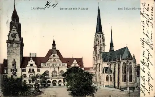 Ak Duisburg im Ruhrgebiet, Burgplatz, Rathaus, Salvatorkirche