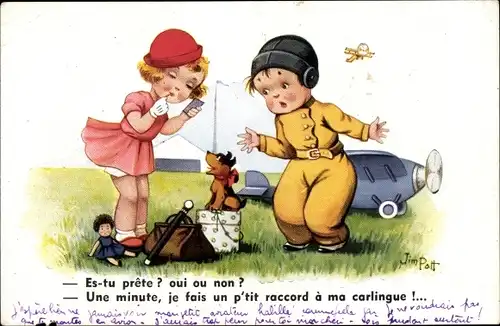 Künstler Ak Patt, Jim, Es tu Prête, Pilot, Flugzeug, Mädchen, Hund, Puppe