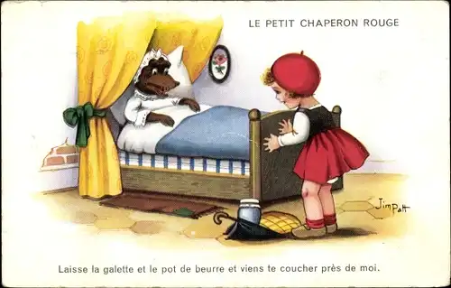 Künstler Ak Patt, Jim, Le Petit Chaperon Rouge, Wolf im Bett, Rotkäppchen