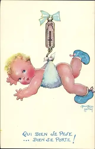 Künstler Ak Mallet, Beatrice, Bebe, qui bien se pese, bien se porte, Baby hängt an der Waage