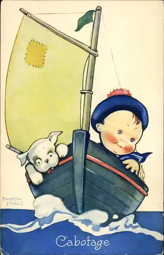 Künstler Ak Mallet, Beatrice, Cabotage, Junge und Hund, Segelboot