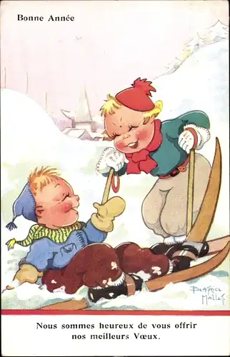 Künstler Ak Mallet, Beatrice, Bonne Année, Kinder auf Skiern