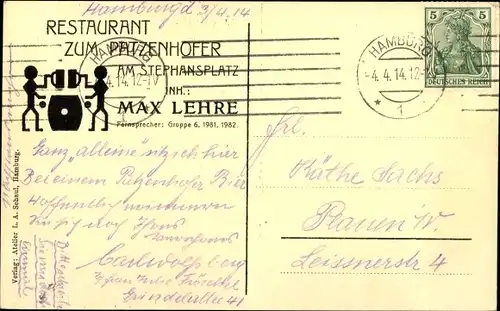 Ak Hamburg Mitte Altstadt, Restaurant Zum Patzenhof, Innenansicht, Stephansplatz