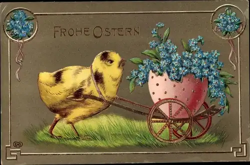 Präge Ak Glückwunsch Ostern, Küken, Osterei, Vergissmeinnicht