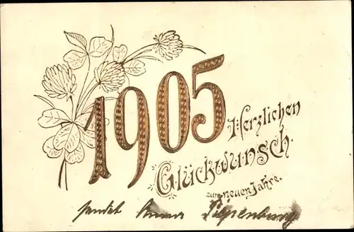 Präge Litho Glückwunsch Neujahr, Jahreszahl 1905, Kleeblätter