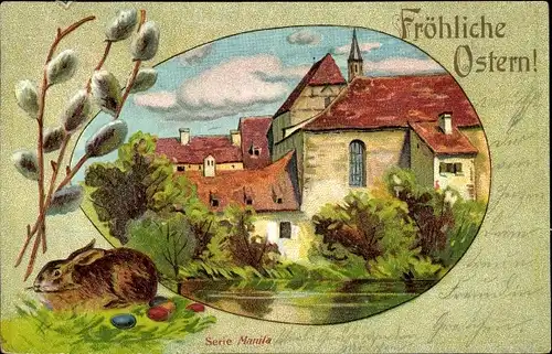 Präge Ak Glückwunsch Ostern, Stadtansicht, Hase, Weidenkätzchen