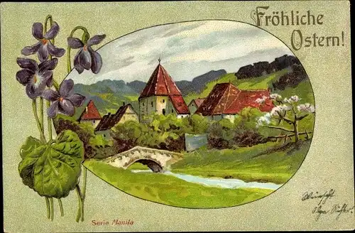 Präge Litho Glückwunsch Ostern, Dorfansicht, Veilchen