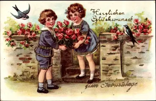 Ak Glückwunsch Geburtstag, Kinder, Blumen, Schwalben, Rosen