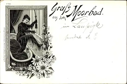 Litho Gruß aus dem Moorbad, Frau steigt aus der Badewanne