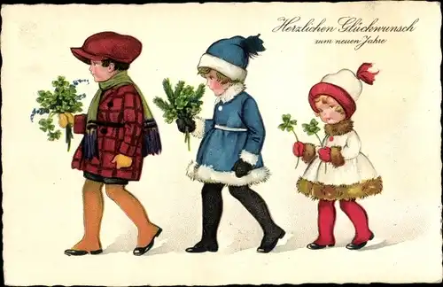 Ak Glückwunsch Neujahr, Junge und Mädchen mit Kleeblättern