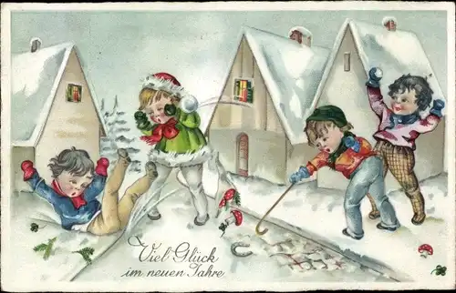 Ak Glückwunsch Neujahr, Kinder, Hufeisen, Pilze, Schneeball-Schlacht