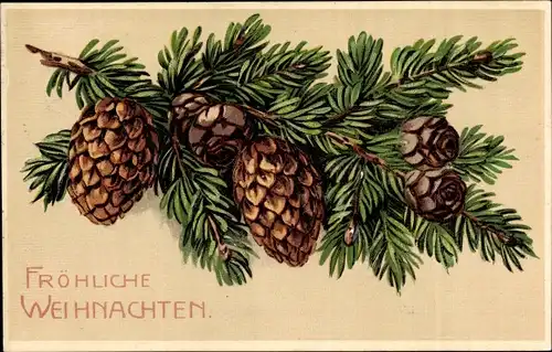 Präge Ak Glückwunsch Weihnachten, Tannenzweig, Tannenzapfen