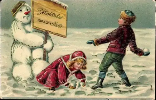 Ak Glückwunsch Neujahr, Schneemann, Schneeball