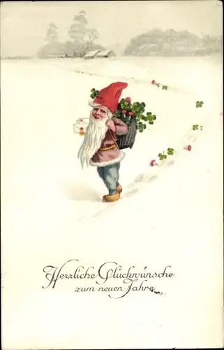 Ak Glückwunsch Neujahr, Zwerg, Glücksklee