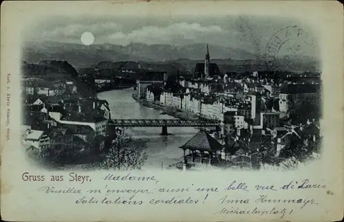 Mondschein Ak Steyr in Oberösterreich, Stadt bei Nacht