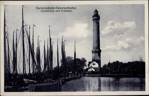 Ak Chorzelin Osternothafen Świnoujście Swinemünde Pommern, Leuchtturm und Nothafen