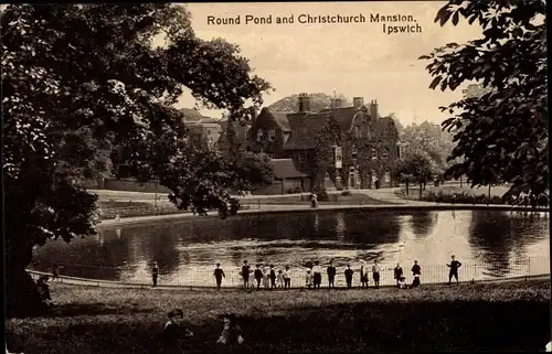 Ak Ipswich Suffolk England, Round Pond and Christchurch Mansion