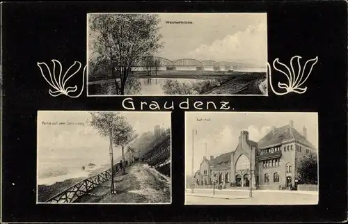 Ak Grudziądz Graudenz Westpreußen, Weichselbrücke, Bahnhof, Schlossberg