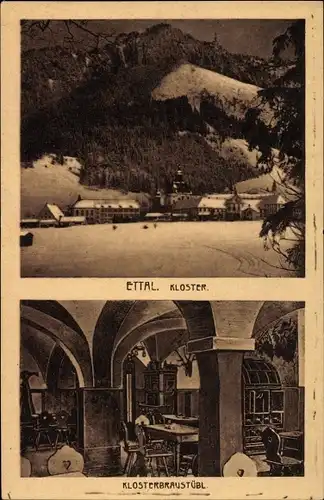 Ak Ettal Oberbayern, Winteransicht vom Kloster, Klosterbraustübl