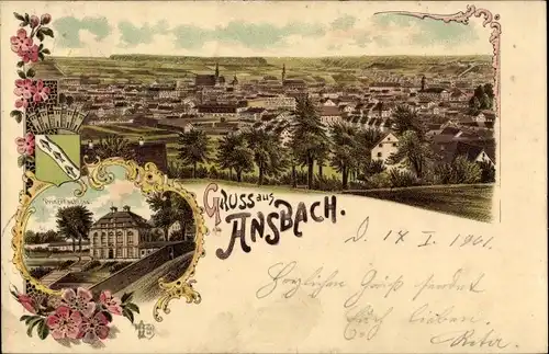 Litho Ansbach in Mittelfranken Bayern, Prinzenschloss, Panorama, Wappen