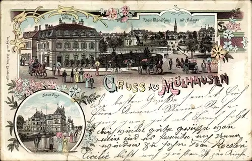 Litho Mulhouse Mülhausen Elsass Haut Rhin, Gasthaus zum Bahnhof, Neue Post, Rhein Rhone Kanal