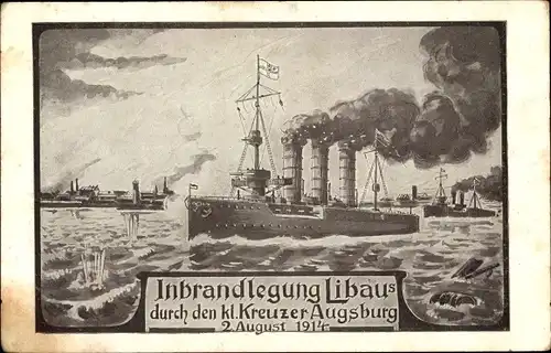 Künstler Ak Inbrandlegung Libaus, Kleiner Kreuzer Augsburg, 2 August 1914