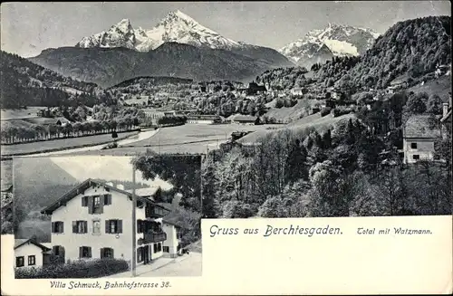 Ak Berchtesgaden in Oberbayern, Totalansicht mit Watzmann, Villa Schmuck, Bahnhofstraße 38