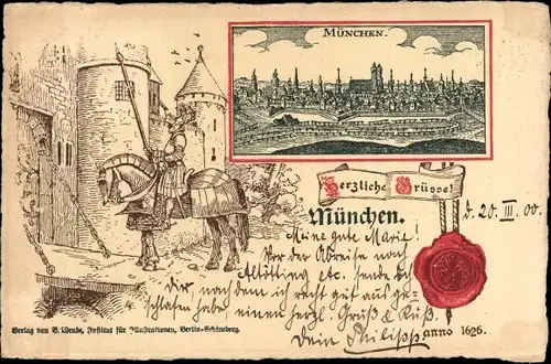 Ak München, Totalansicht, Ritter vor einem Schloss, Siegel