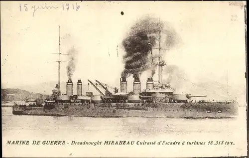 Ak Französisches Kriegsschiff, Mirabeau, Dreadnought, Cuirassé d'Escadre à Turbines