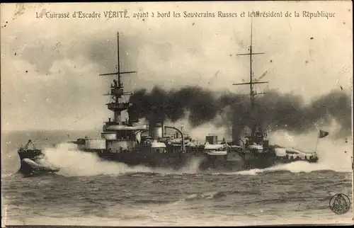 Ak Kriegsschiff, le Cuirasse d'Escadre Verite,ayant a bord les Souverains Russes
