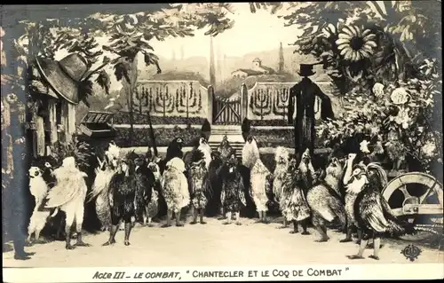 Ak Chantecler Acte III, Chantecler et le Coq de Combat, Hühner, Kampf, Duell, Theaterszene