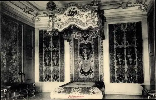 Ak Moritzburg in Sachsen, Jagdschloss, Federzimmer, Innenansicht