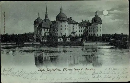 Mondschein Ak Moritzburg in Sachsen, Jagdschloss