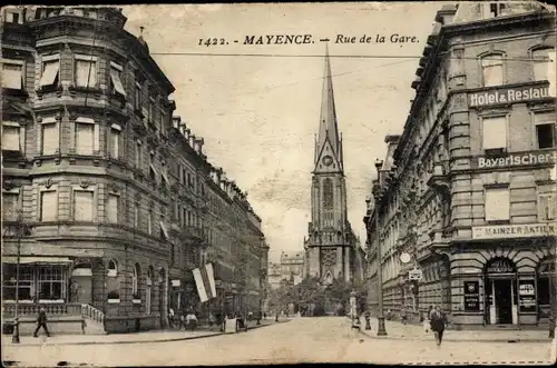 Ak Mainz am Rhein, Mayence, Rue de la Gare, Kirche, Hotel Restaurant Bayerischer Hof