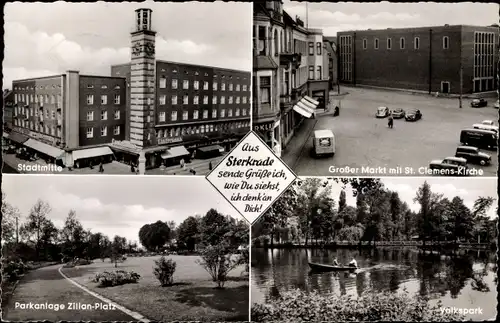Ak Sterkrade Oberhausen am Rhein, Stadtmitte, Großer Markt mit St. Clemens-Kirche, Volkspark