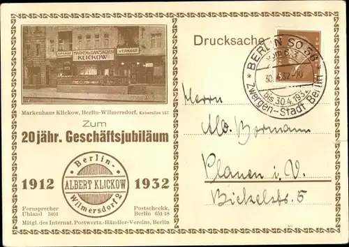 Ak Berlin Wilmersdorf, Markenhaus Klickow, Kaiserallee 157