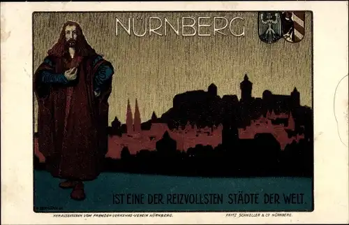 Künstler Ak Nürnberg in Mittelfranken, Silhouette der Stadt, Wappen, Albrecht Dürer